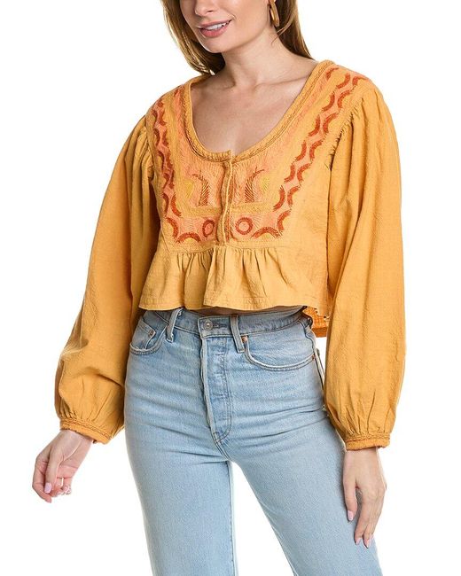 Free People Blue Iggie Embroidered Top