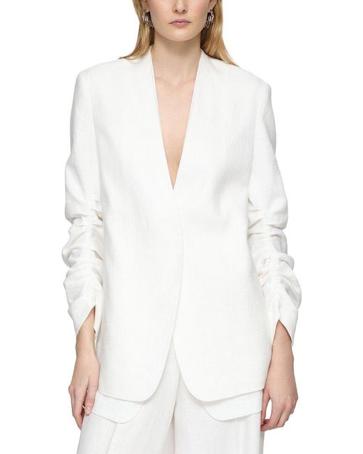 Lafayette 148 New York White Petite V-Neck Ruched Sleeve Linen Blazer