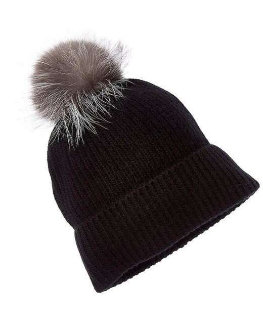 Amicale Cashmere Black Hat Amicale 100 % Cashmere Genuine Shearling Pompom Beanie Hat  main image 4