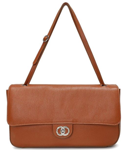 Tiffany & Fred Paris Brown Premium Pebbled Leather Turnlock Shoulder Bag
