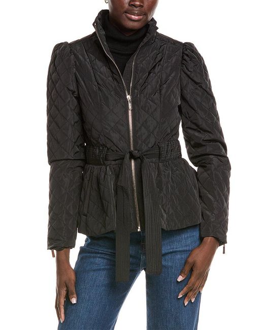 Kensie Black Quilted Puff Sleeved Belted Jacket