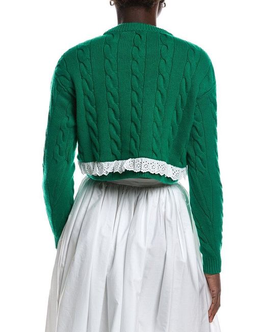 Miu Miu Green Cropped Broderie Anglaise Trimmed Cable Knit Cashmere Sweater