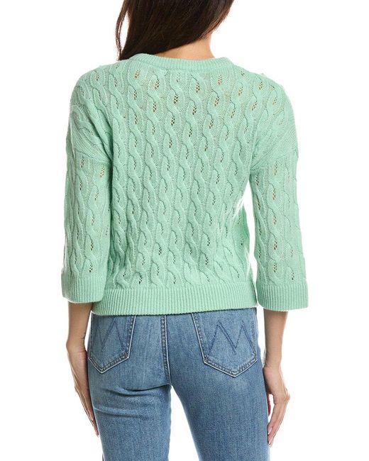 Forte Green 3/4-Sleeve Pointelle Cable Crewneck Cashmere Sweater