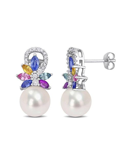 Rina Limor Multicolor 14k 1.83 Ct. Tw. Diamond & Sapphire 8.5-9mm Pearl Flower Drop Earrings