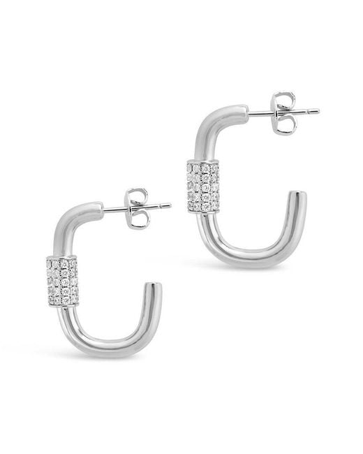 Sterling Forever White Rhodium Plated Cz Carabiner Hoops