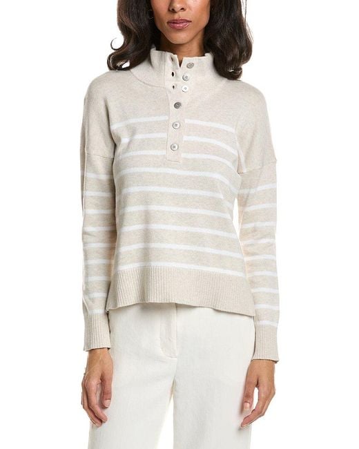 Forte White Stripe Button Mock Neck Sweater
