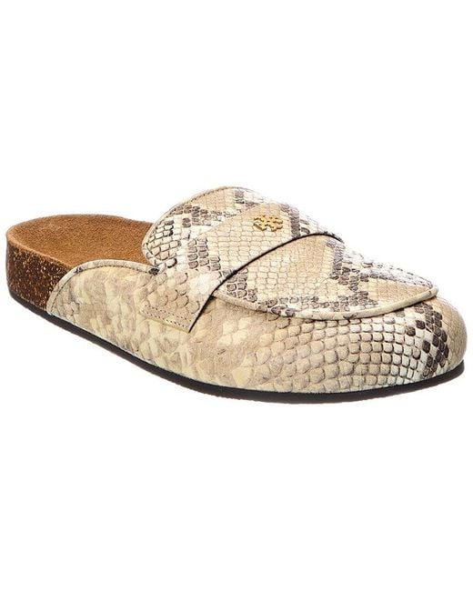 Tory Burch White Everly Cork Snake-Embossed Mule