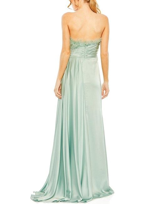 Mac Duggal Green Strapless Feather Detail Satin Gown
