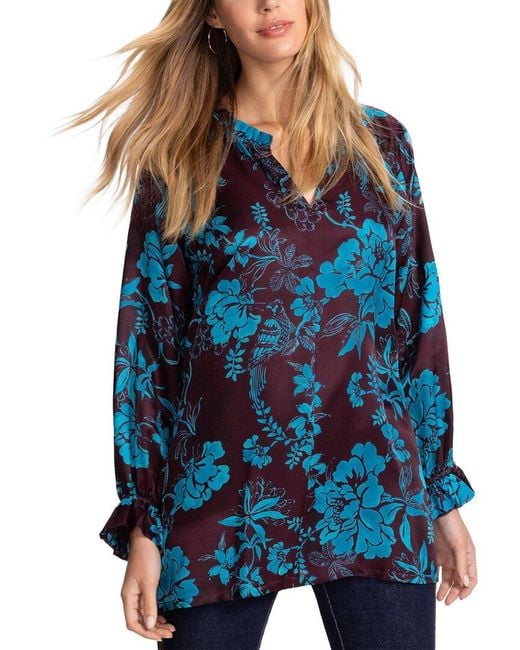 Johnny Was Blue Ruffle Field Silk-Blend Tunic Blouse