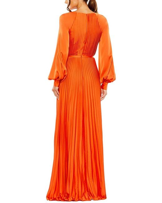 Mac Duggal Orange Pleated High Neck Raglan Long Sleeve Side Slit Gow