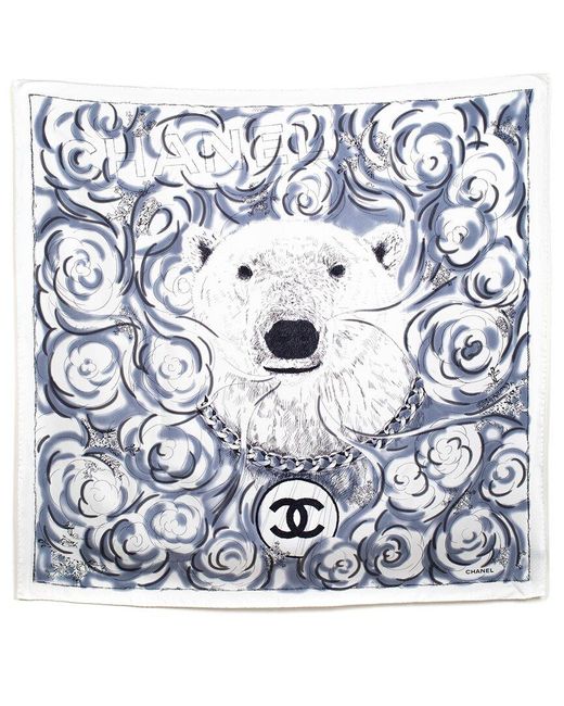 Chanel Blue Limited Edition Polar Bear Camellia Silk Scarf (Authentic Pre-Owned)