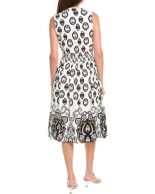 Tahari White Smocked Waist Midi Dress