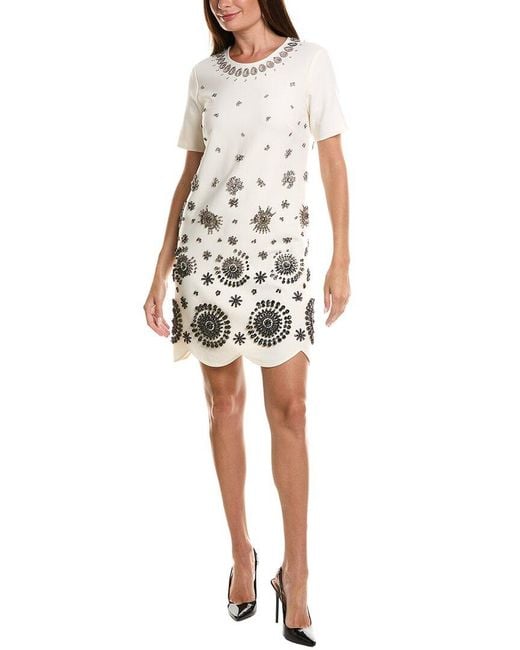 Oscar de la Renta White Embellished Stretch Silk-Lined Wool-Blend Shift Dress