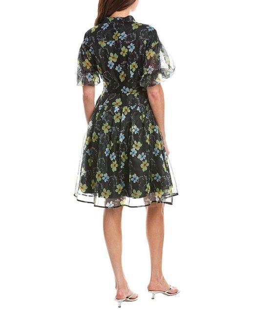 Gracia Green Floral Print Organza Puff Sleeve Shirtdress