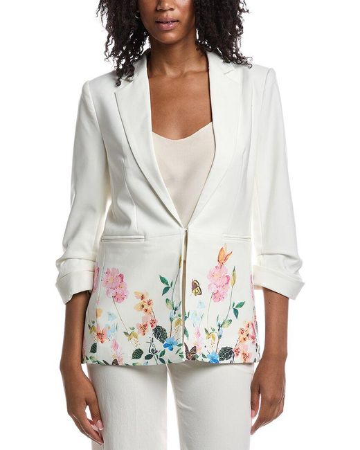 Tahari White Notch Collar Scrunch Sleeve Blazer