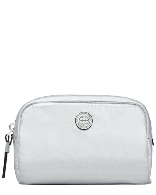 Tory Burch Gray Virginia Metallic Curved Nylon & Leather Cosmetic Case