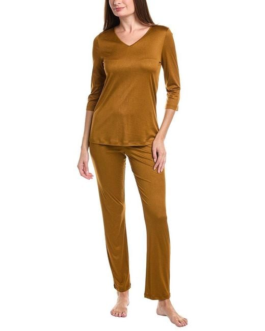 Hanro Brown 2Pc 3/4-Sleeve Silk-Blend Pajama Pant Set