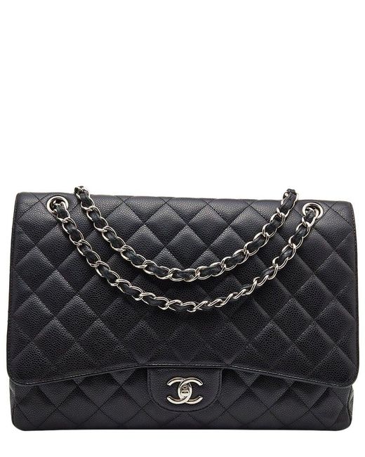Chanel Black Quilted Caviar Leather Maxi Classic Single Double Flap Bag (Authentic Pre-Owned)
