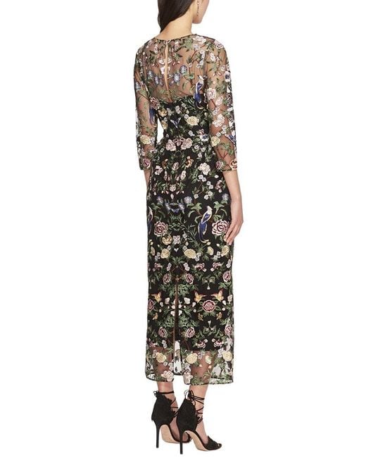 Marchesa Metallic Long Botanical Embroidered Midi Dress