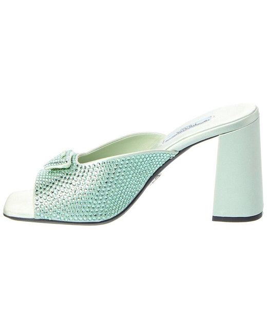 Prada Green Logo Crystals Satin Sandal