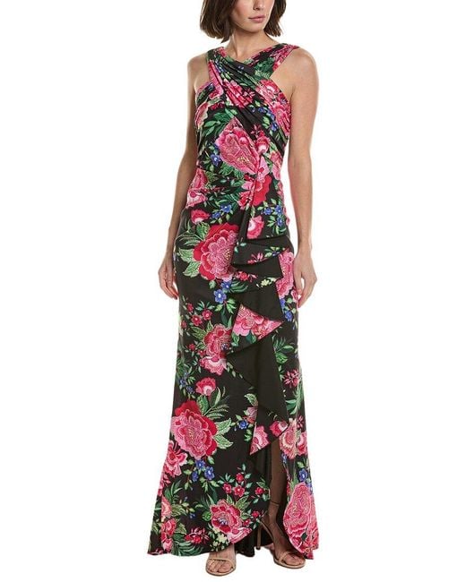 Tadashi Shoji Red Elarra Floral Waterfall Flounce Gown