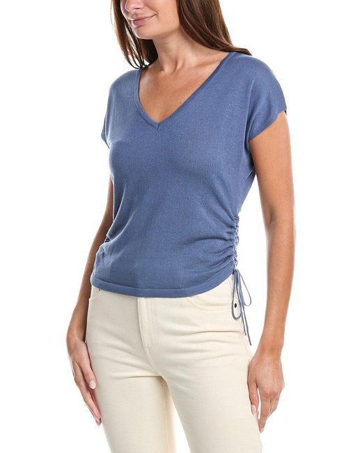 Max Studio Blue Ruched Cap Sleeve Linen-Blend Sweater