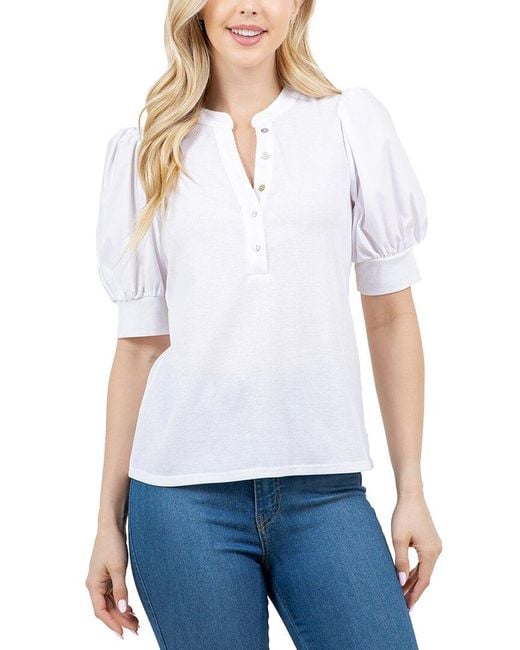 Fever White Scoop Neck Henley Button Front Top