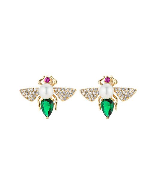 Eye Candy LA White Luxe Collection 14k Plated Cz Green Bee Studs