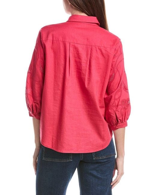 Renuar Red Woven Button Front Linen-Blend Blouse