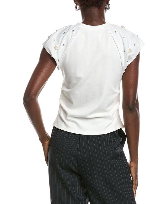 Gracia White Puff Sleeve Rhinestone & Pearl Embellished Top