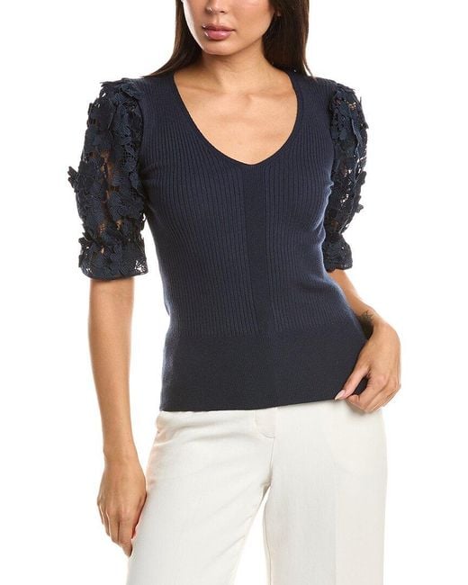 Tahari Blue Lace Blouson Pullover