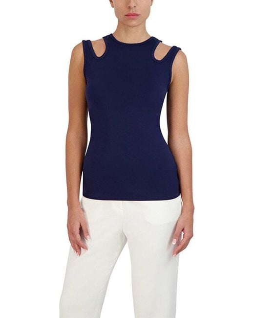 BCBGMAXAZRIA Blue Fitted Top Shoulder Cut Out Crew Neck Shirt