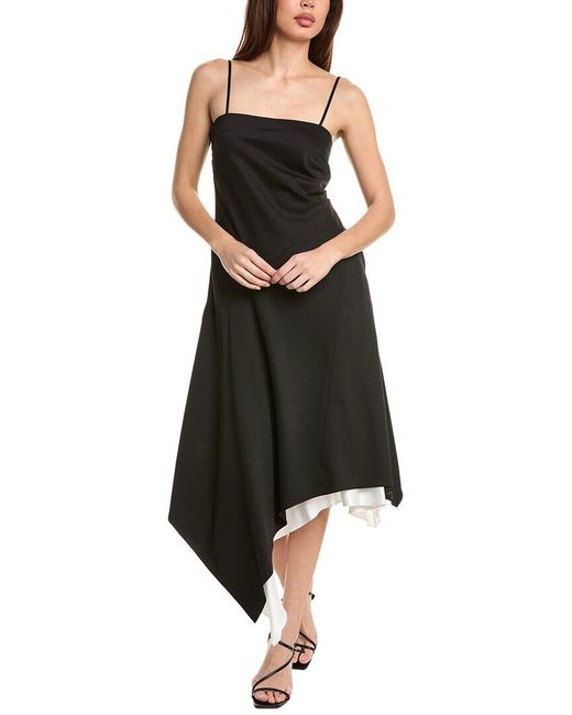 Helmut Lang Black Angled Hem Wool Midi Dress