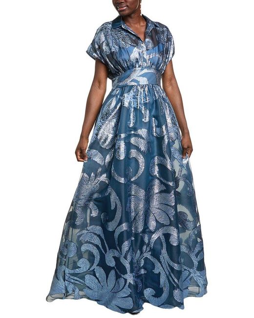 Lela Rose Blue Metallic Floral Fil Coupe Silk-Blend Gown