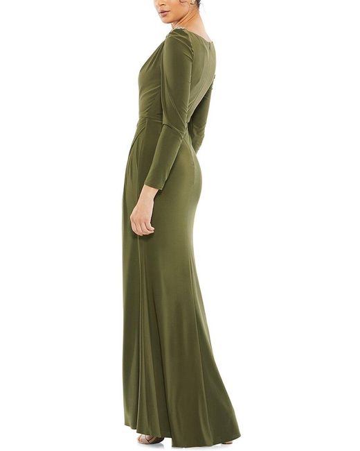 Mac Duggal Green Draped Bateau Long Sleeve Trumpet Gown