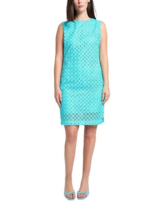 Ming Wang Blue Geometric Lace Cutout Woven Sheath Dress