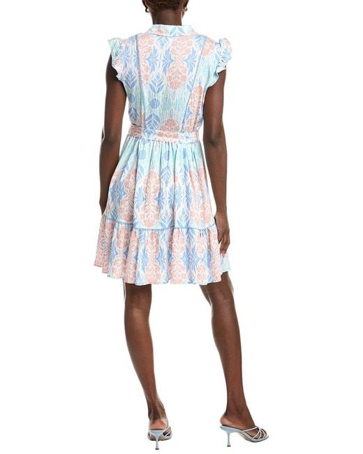 Ellen Tracy Blue Crinkle Belted Ruffle Sleeve Dress