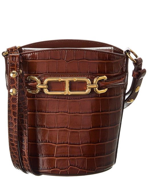 Tom Ford Brown Whitney Small Croc-Embossed Leather Bucket Bag