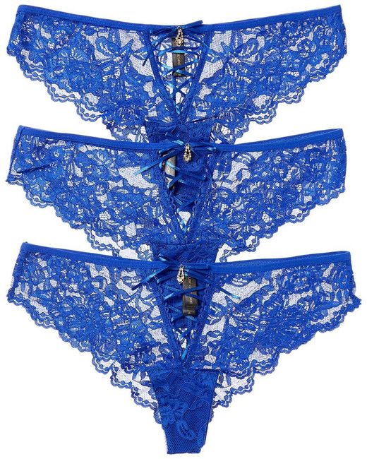 House of Desire Blue 3pk Bella Lace-up Front Lace Tanga