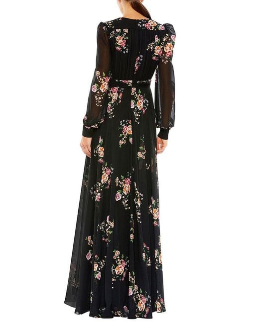 Mac Duggal Black Belted Floral Print Illusion Long Sleeve Gown