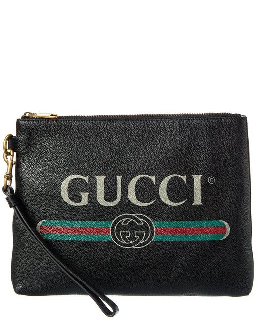 Gucci Logo Printed Leather Wristlet in Black | Lyst
