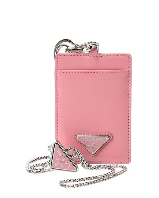 Prada Pink Logo Leather Card Case On Chain