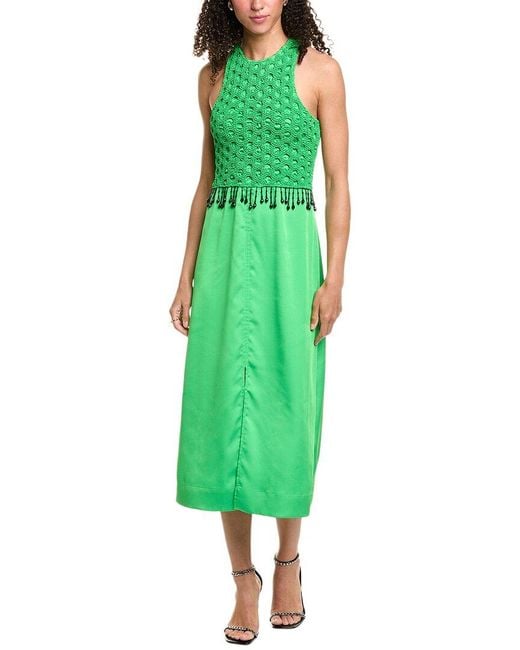 Ganni Smocked Satin Maxi Dress in Green | Lyst