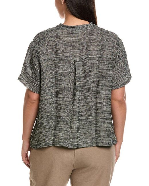 Eileen Fisher Gray Plus Mandarin Collar Linen-Blend Shirt