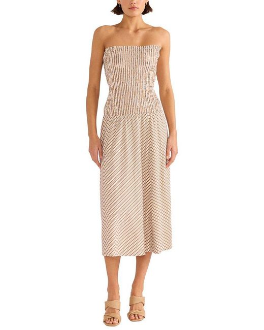 MINKPINK Natural Artemis Shirred Linen-Blend Midi Dress