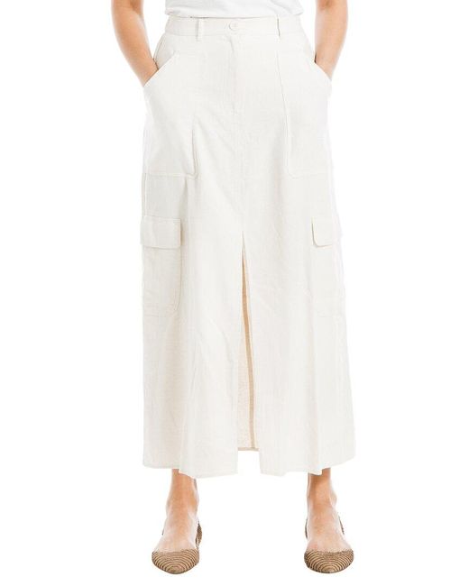 Max Studio White Long Linen-blend Cargo Skirt
