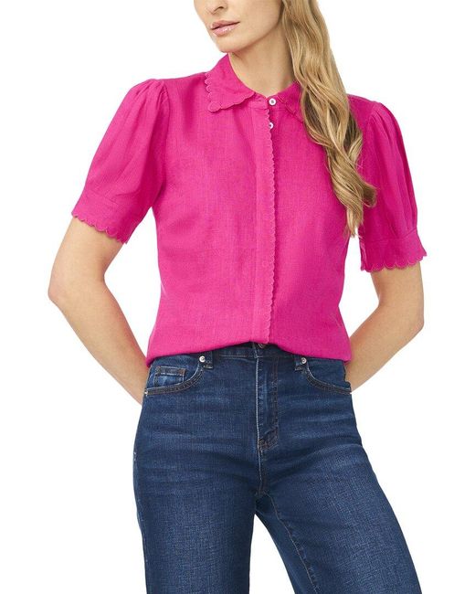 Cece Pink Linen-Blend Woven Top