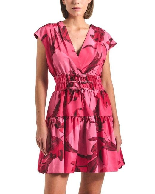 10 Crosby Derek Lam Red Lunette Printed Faille Bubble Hem Dress