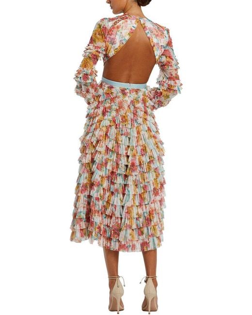 Mac Duggal Pink Mesh Long Sleeve Ruffle Criss Cross Midi Dress