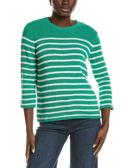 Jones New York Green 3/4 Sleeve Striped Open Crewneck Top